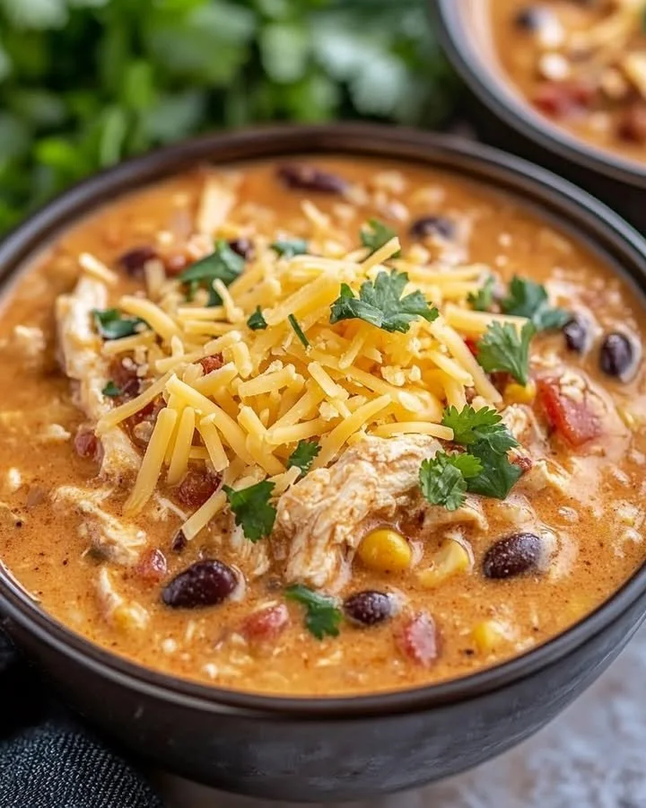 Creamy slow cooker chicken chili in a bowl with toppings