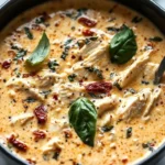 Creamy Sun-Dried Tomato Basil Chicken dish garnished with fresh basil