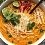 Delicious bowl of creamy Thai curry noodle soup garnished with herbs