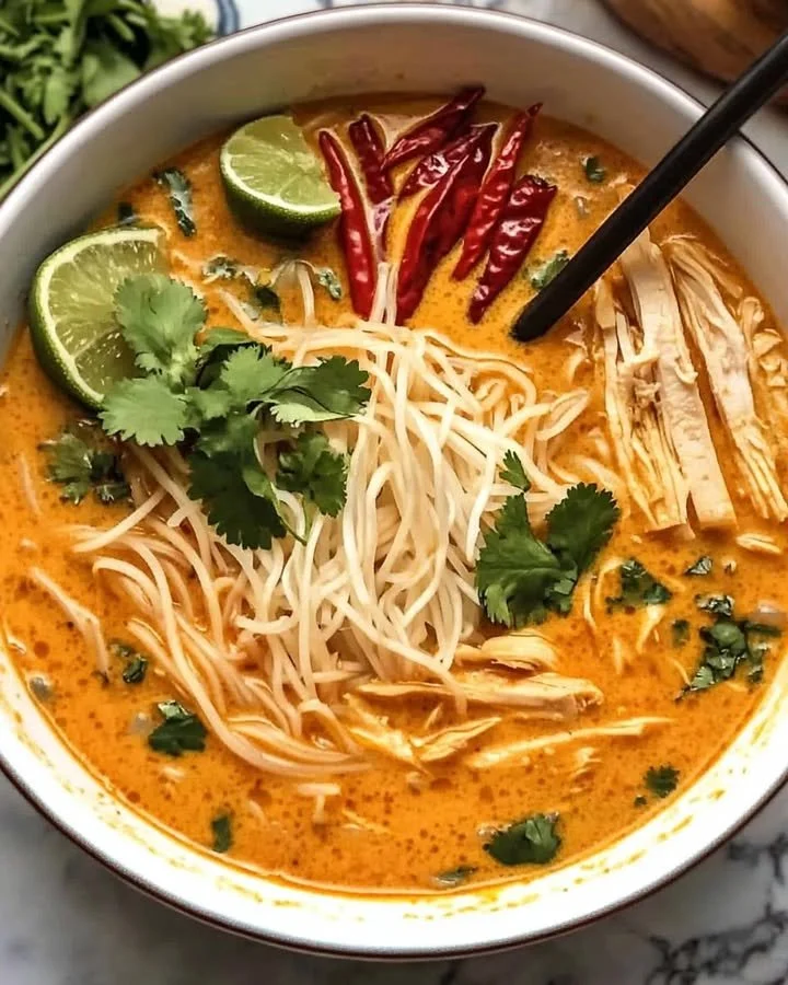 Delicious bowl of creamy Thai curry noodle soup garnished with herbs