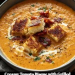 Creamy tomato bisque topped with grilled cheese croutons in a bowl