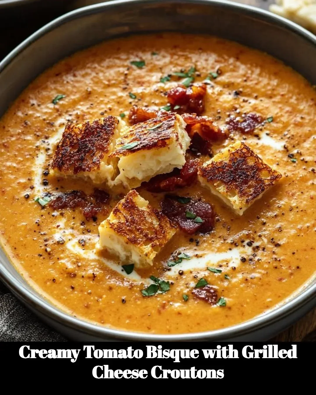 Creamy tomato bisque topped with grilled cheese croutons in a bowl