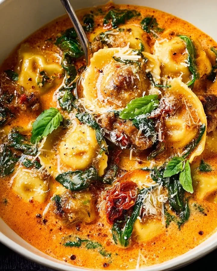 Bowl of creamy tomato ravioli soup garnished with fresh basil