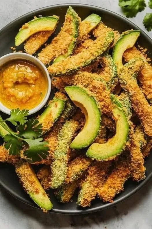 Crispy avocado fries served with dipping sauce on a plate