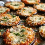 Plate of crispy baked eggplant parmesan with cheese and tomato sauce