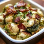 Crispy Brussels sprouts topped with bacon and creamy mustard sauce