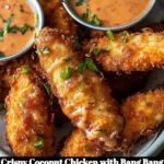 Crispy coconut chicken served with flavorful Bang Bang sauce on a plate.