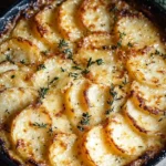 Crispy Parmesan and Gruyere Potato Gratin served on a white dish