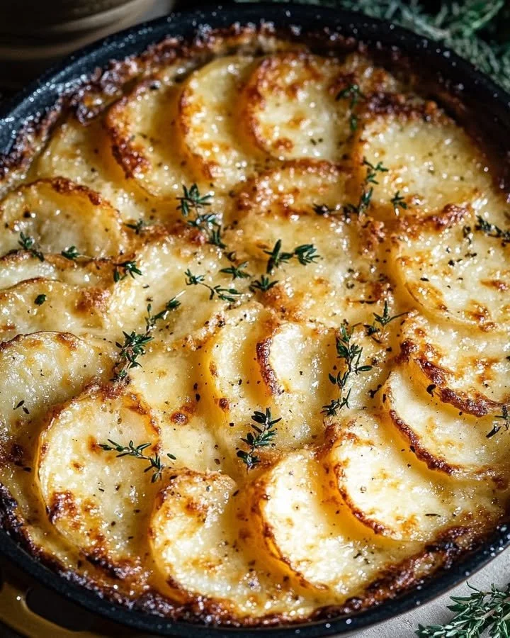 Crispy Parmesan and Gruyere Potato Gratin served on a white dish