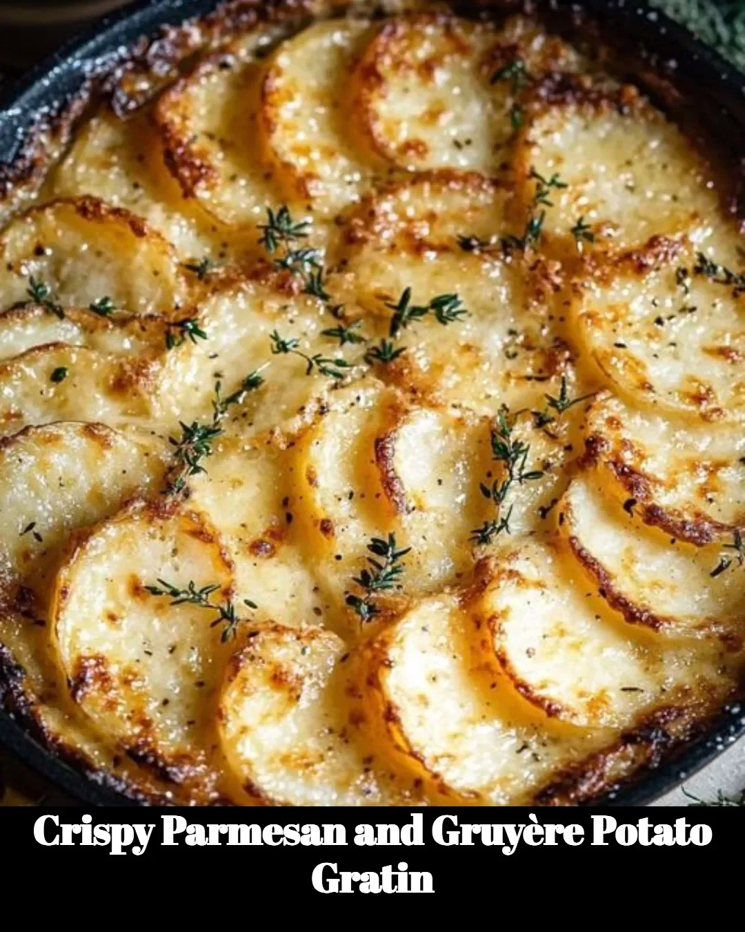 Crispy Parmesan and Gruyère potato gratin baked to perfection.