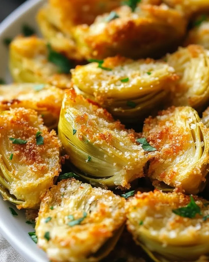 Crispy Parmesan Artichoke Hearts appetizer garnished with herbs