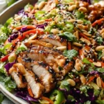 Crunchy Asian Sesame Chicken Salad with vibrant vegetables and sesame dressing.