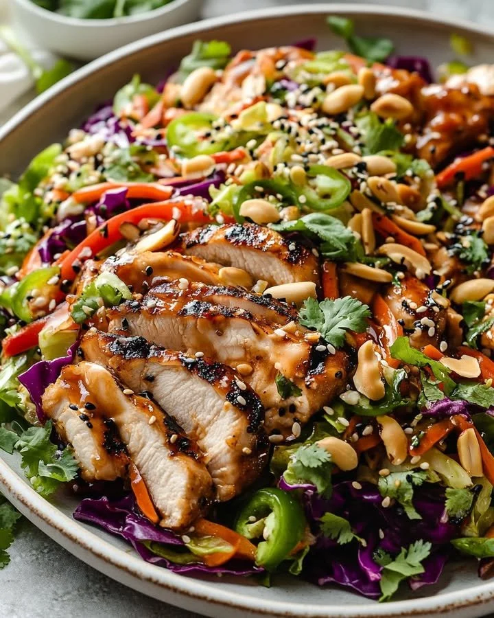Crunchy Asian Sesame Chicken Salad with vibrant vegetables and sesame dressing.