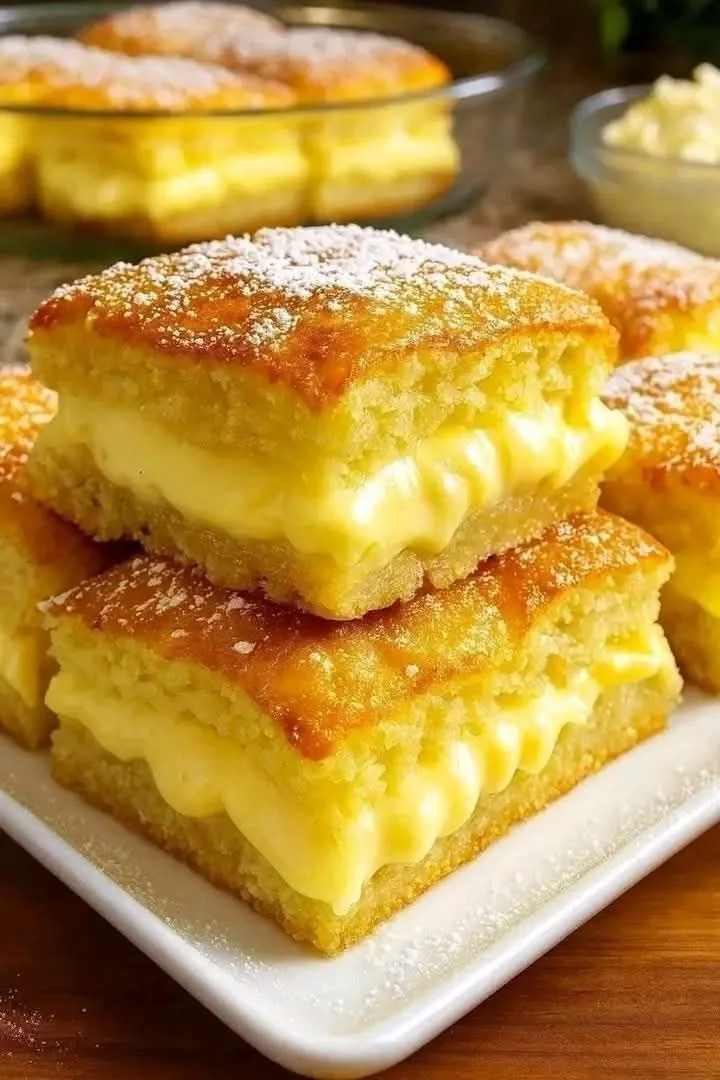 Delicious custard cream cake bars served on a white platter