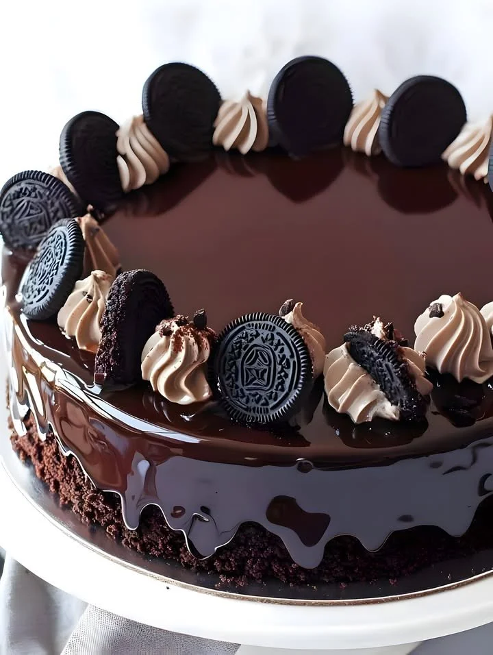 Delicious dark chocolate mirror glaze poured over a cake