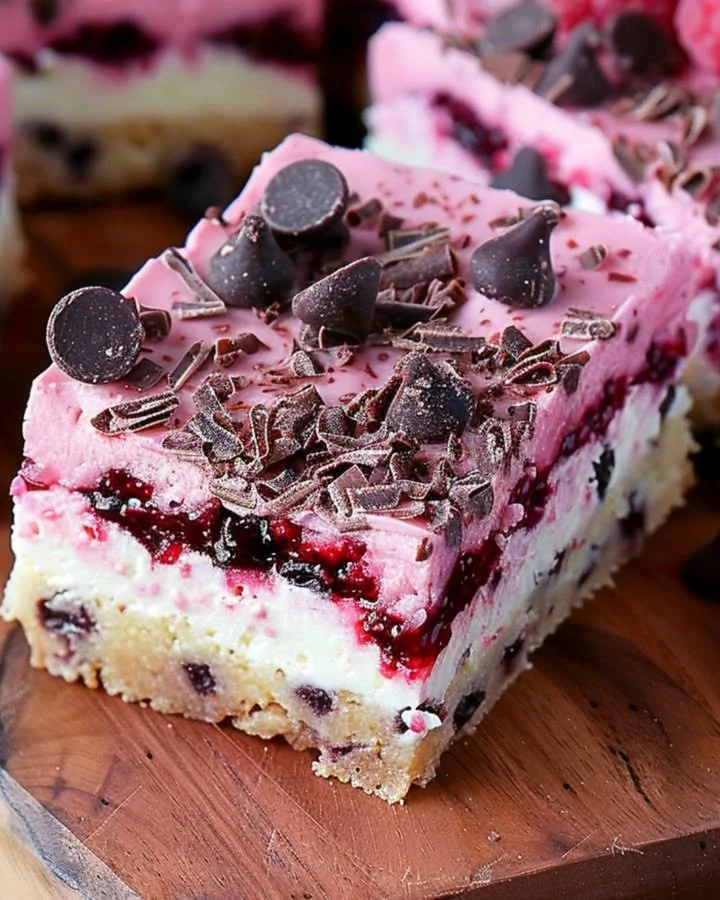Delicious dark chocolate raspberry pie bars on a decorative plate
