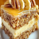Decadent Caramel Banana Pecan Cake with layers and toppings