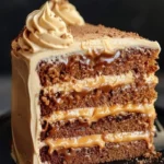 Decadent Caramel Latte Cake topped with coffee buttercream and caramel drizzle