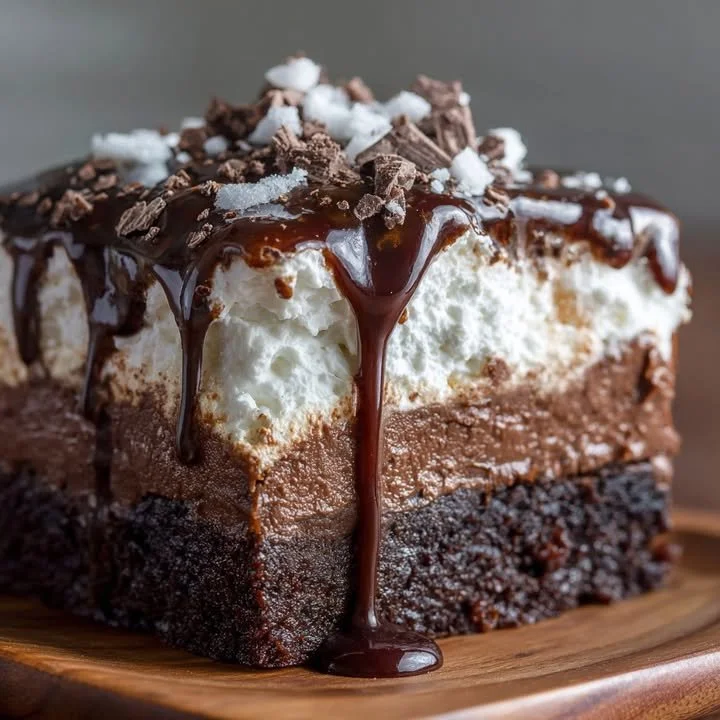 Decadent chocolate fudge poke cake topped with chocolate sauce and sprinkles.