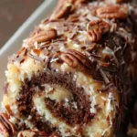 Decadent German Chocolate Coconut Pecan Roll Cake decorated with chocolate and nuts.