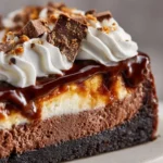 Decadent hot fudge sundae brownie cheesecake topped with chocolate and whipped cream