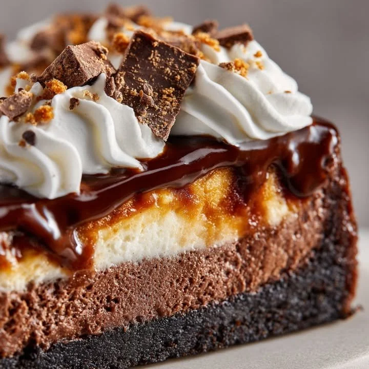 Decadent hot fudge sundae brownie cheesecake topped with chocolate and whipped cream