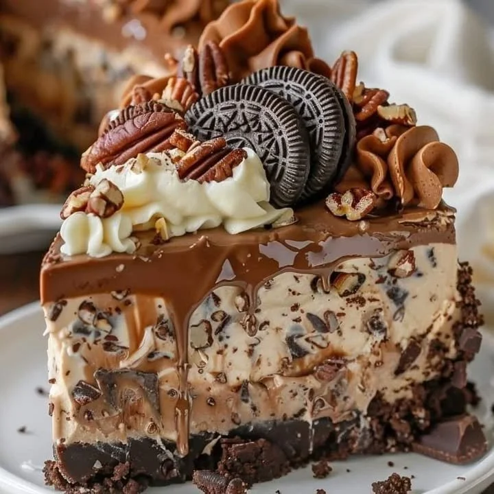 Decadent No-Bake German Chocolate Cheesecake topped with chocolate and coconut.