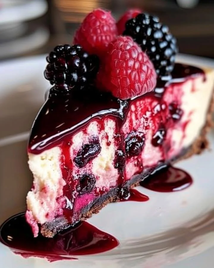 Decadent slice of Raspberry-Blackberry Cheesecake topped with fresh berries.