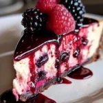 Decadent raspberry-blackberry cheesecake slice topped with fresh berries