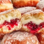 Decadent raspberry cheesecake-filled golden donuts with raspberry sauce on top