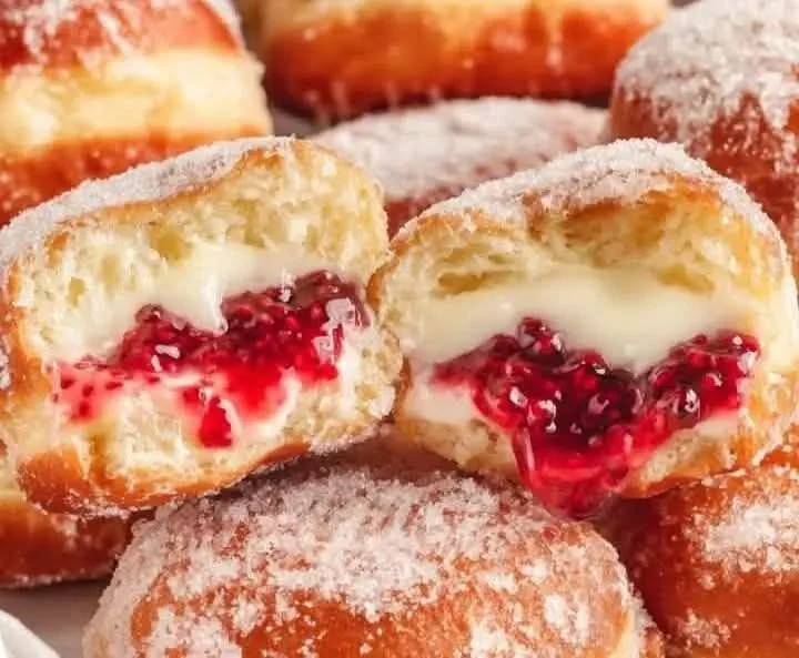 Decadent raspberry cheesecake-filled golden donuts with raspberry sauce on top