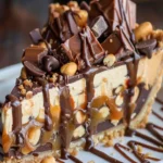 Decadent Snickers cheesecake pie topped with chocolate and caramel