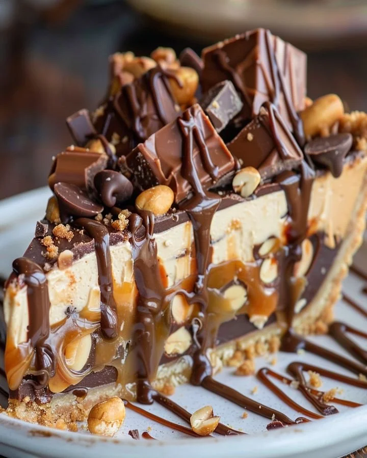 Decadent Snickers cheesecake pie topped with chocolate and caramel