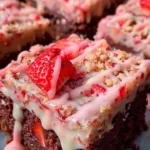 Decadent strawberry crunch brownies with sweet vanilla glaze on a plate