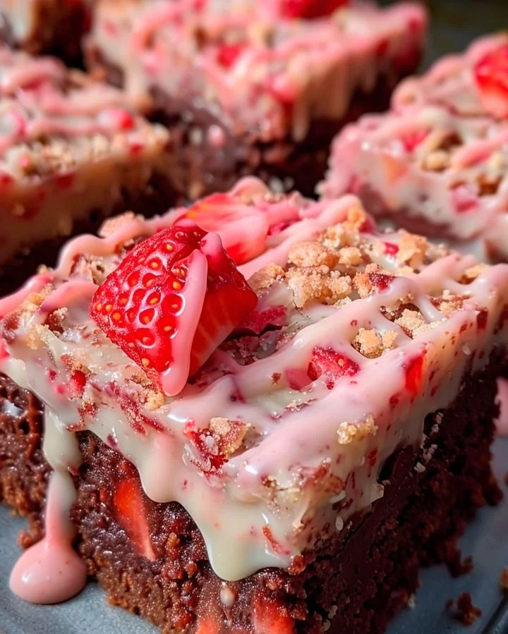 Decadent strawberry crunch brownies with sweet vanilla glaze on a plate