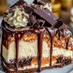 Decadent triple chocolate cheesecake topped with chocolate shavings and cream