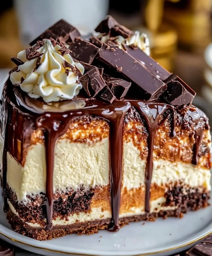 Decadent triple chocolate cheesecake topped with chocolate shavings and cream