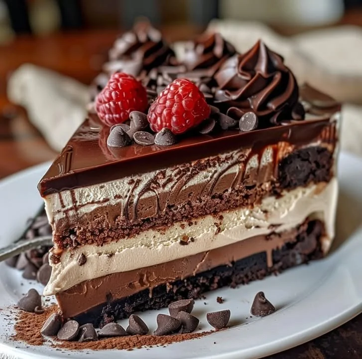 Decadent triple chocolate mousse cake with rich layers and creamy texture