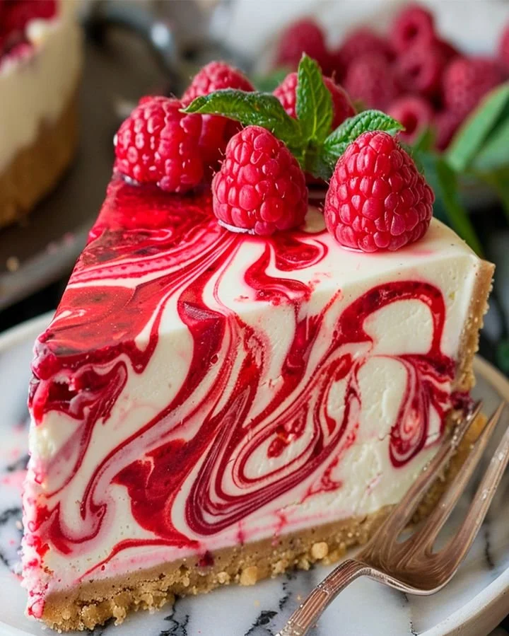 Decadent white chocolate raspberry truffle cheesecake topped with raspberry sauce