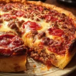 Deep Hamburger Sausage Pepperoni Bake dish topped with cheese and herbs.