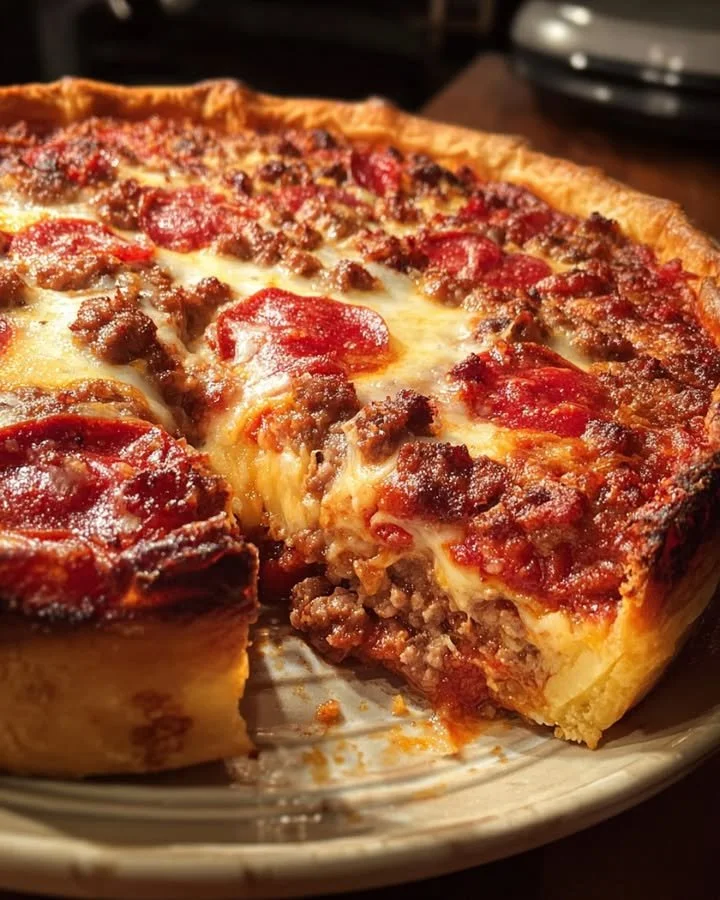 Deep Hamburger Sausage Pepperoni Bake dish topped with cheese and herbs.