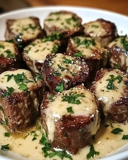 Garlic butter steak bites garnished with creamy parmesan cheese