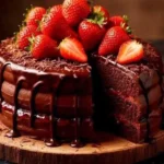 Delicious strawberry chocolate cake topped with fresh strawberries and chocolate ganache