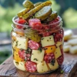 Easy marinated cheese appetizer with salami and pickles