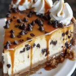 Easy salted caramel chocolate chip cheesecake topped with caramel drizzle.