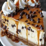 Delicious easy salted caramel chocolate chip cheesecake topped with caramel sauce