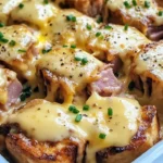 Eggs Benedict Casserole topped with creamy Hollandaise Sauce