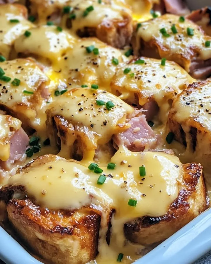 Eggs Benedict Casserole topped with creamy Hollandaise Sauce