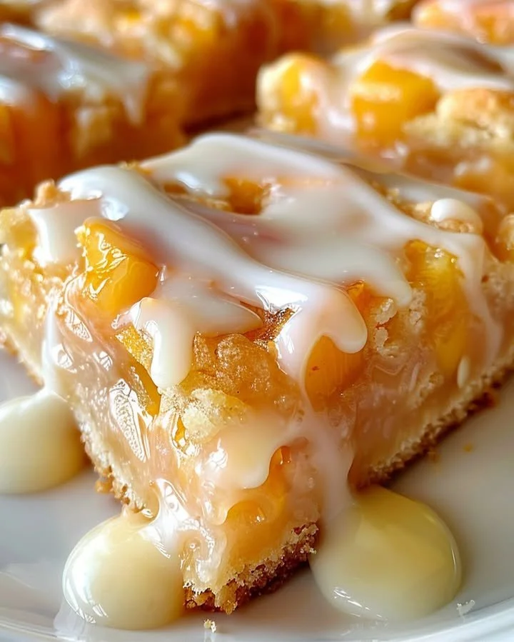 Delicious summer peach bars topped with fresh peach slices and a crumbly crust