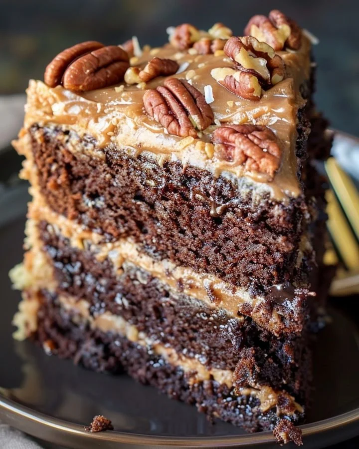 Elegant German Chocolate Cake with coconut frosting and chocolate layers